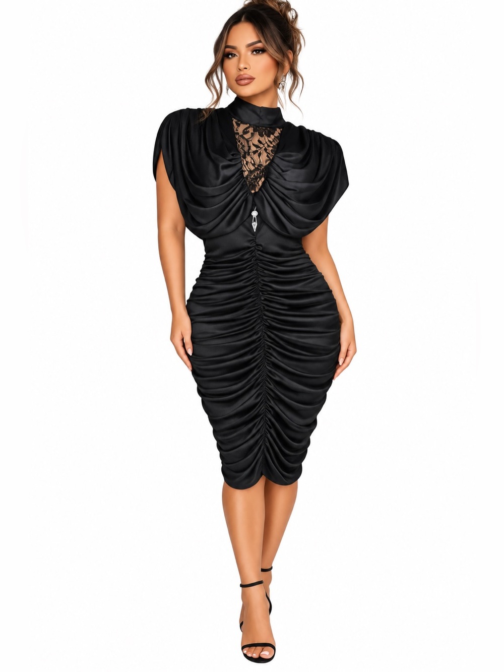 Vintage Diamond Run Black Ruched Bodycon Dress Lace Rhinestone Made USA
